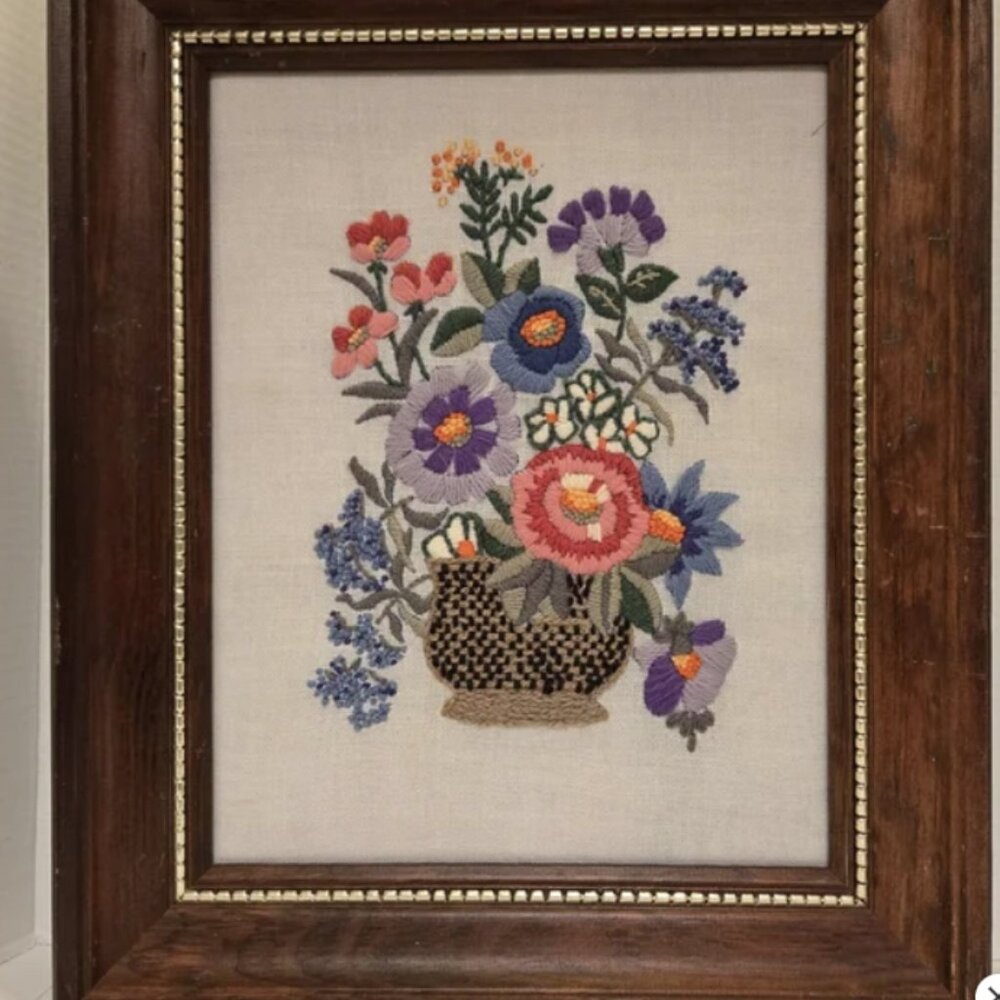 Floral Crewel Embroidered Wall Art in Wooden Frame